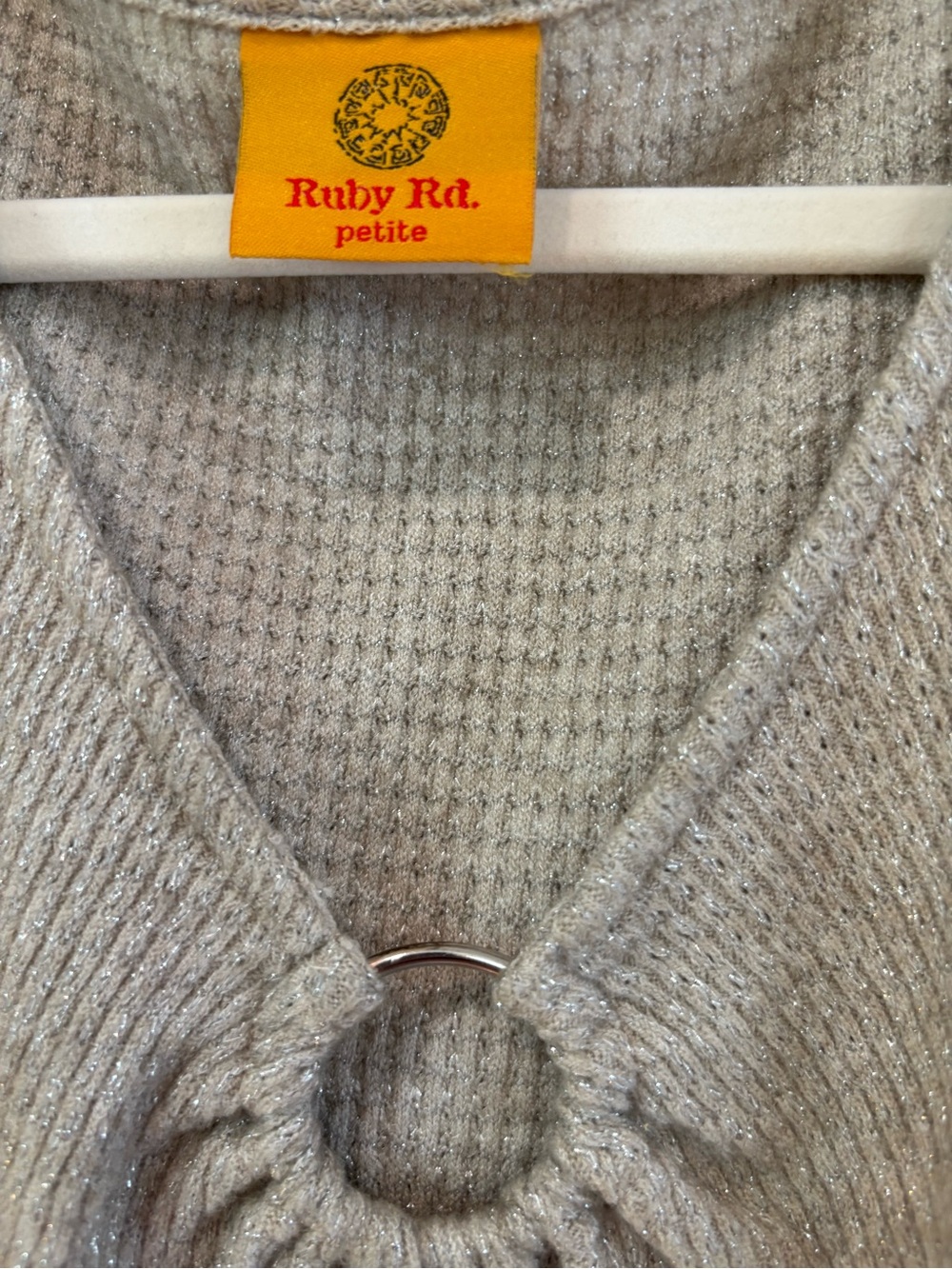 Ruby Rd. Taupe Ribbed V-Neck Top with Ring Detail - Picture 3 of 5